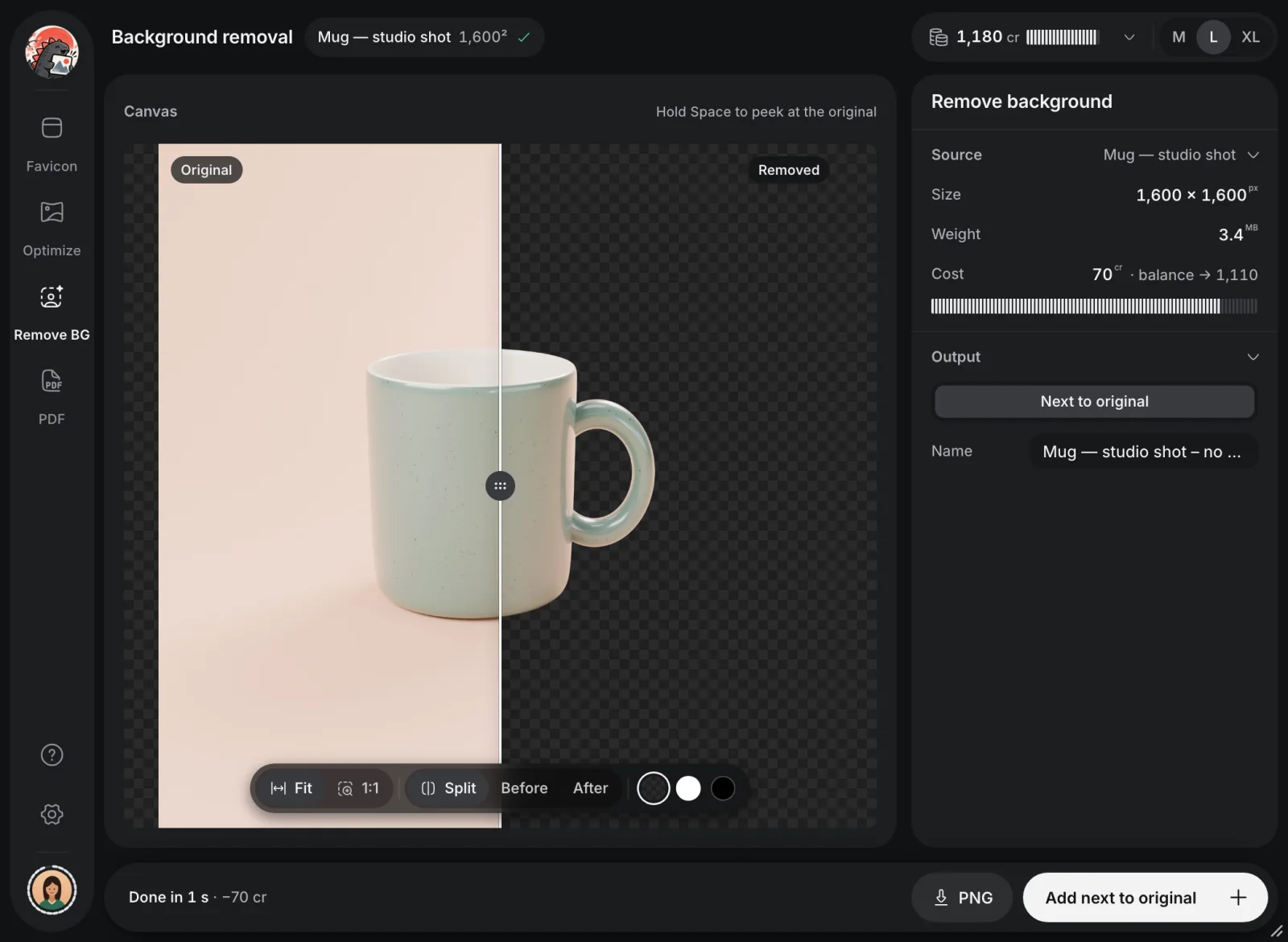 Background removal in Imgazilla: a mug photo split between the original and the cut-out.