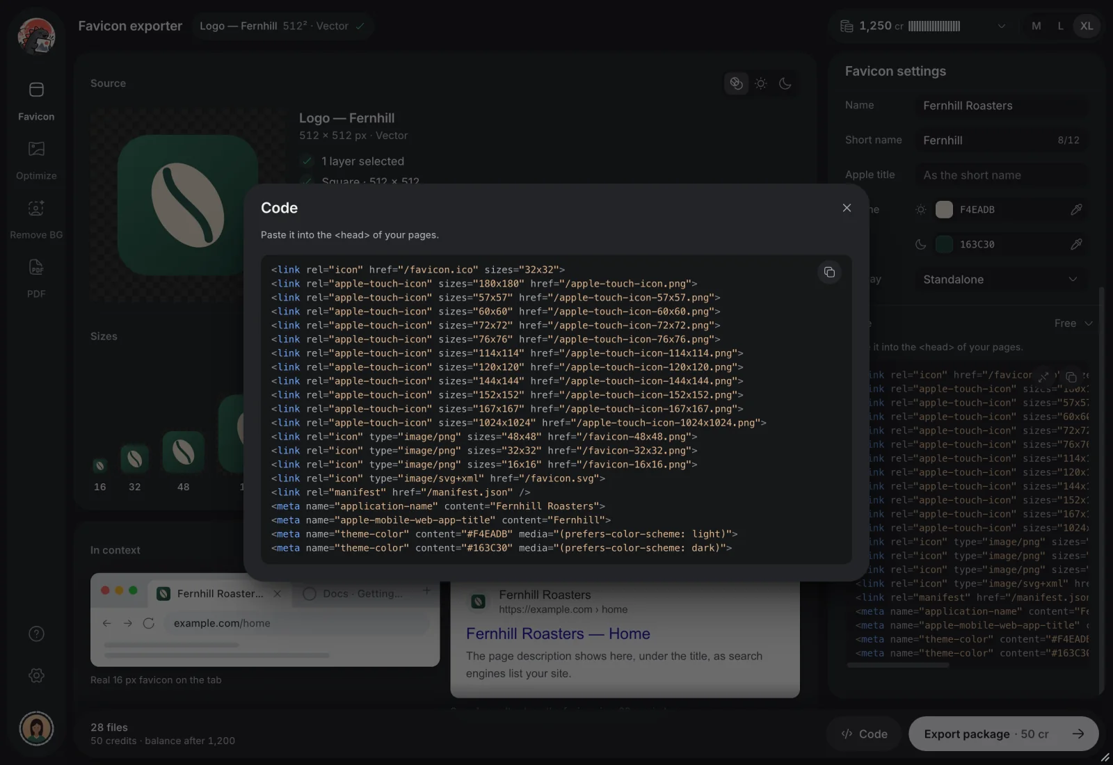 The head code to paste, linking every icon and the manifest.