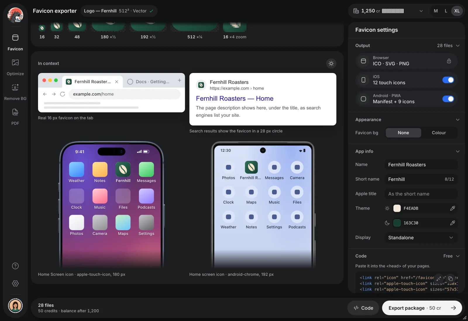 Favicon previews in a browser tab, in search results and on iPhone and Android home screens.