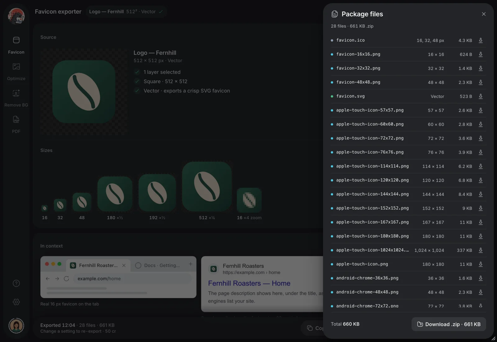 The package: 28 files, 661 KB, from favicon.ico to the Android icons.
