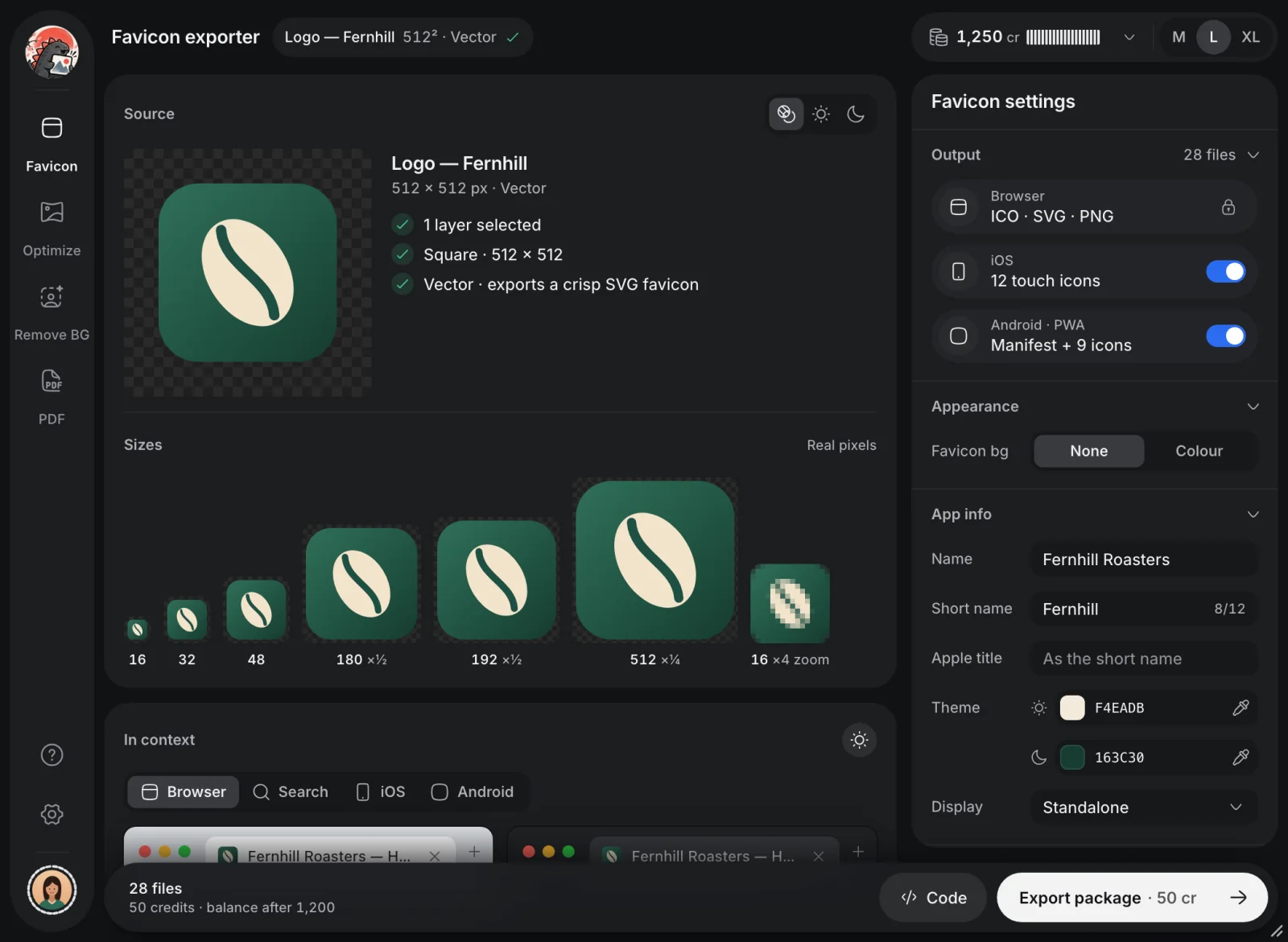 The favicon exporter: a coffee-bean logo shown at every size from 16 to 512 px.